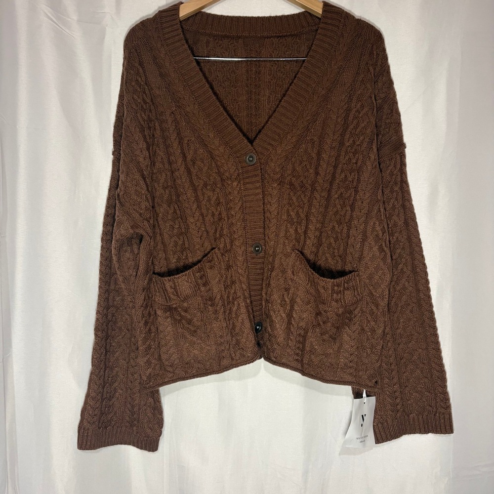 NWT Yousify Brown Cable Knit Cardigan Sweater Oversized V-Neck Button Front